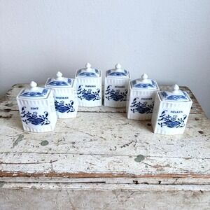 Vintage Zwiebelmuster Blue Onion Porcelain Spice Jars Set of 6 Ceramic Canisters